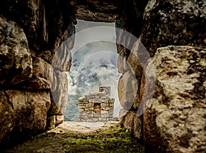 Incas architecture in front of Huayna Picchu