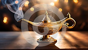 An incense burner designed like an Aladdin\'s lamp, representing the fulfillment of dreams, perfect for yoga, meditation. photo