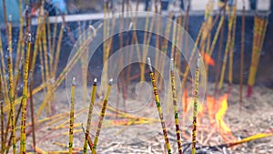 Incense burning in the temple incense burner, countless incense sticks are inserted in the incense burner