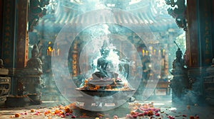 mystical rituals, the incense smoke swirls, carrying whispers of ancient spirits in a sacred space where seekers unlock photo