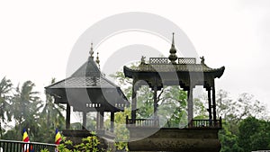 Incense smoke wafts from ornate burner at Buddhist temple. Spiritual ritual in lush, tranquil Sri Dalada Maligawa, Kandy