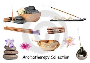 Incense sticks and other items for aromatherapy on white background, collage