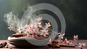 Incense sticks on a stand burn with smoke, expensive aroma in the house, decoration and aromatization