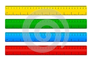 Inch and metric plastic rulers in different colors. Centimeters and inches measurement scale. Measuring centimeter