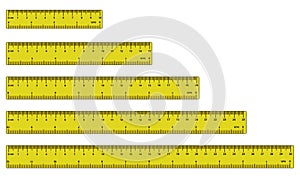 inch and metric rulers. Centimeters and inches measuring scale cm metrics indicator.