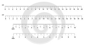 Inch and metric rulers. Centimeters and inches measuring scale cm metrics indicator. Precision measurement centimeter