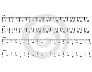 Inch and metric rulers. Centimeters and inches measuring scale cm metrics indicator. Precision measurement centimeter icon tools