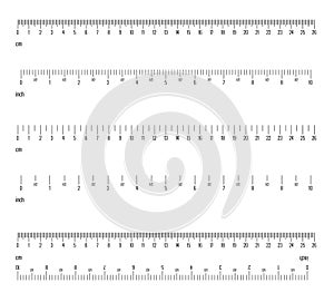 Inch and metric rulers. Centimeters and inches measuring scale cm metrics indicator. Ruler 10 inch and grid 26 cm. Size