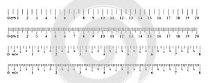 Inch and metric rulers. Measuring tool. Ruler Graduation grid. Size indicator units. Centimeters and inches measuring scale.