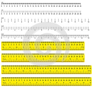 Inch and metric rulers in yellow on a white background. Centimeters and inches measuring the metric of the scale, see Icons of