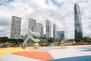 Songdo Central Park UN square. Lake with skyscrapers in Incheon, Korea