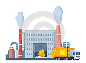 Incineration plant and garbage truck. Waste factory. Trash transportation and recycling. Rubbish disposal. Smoke pipes. Nature