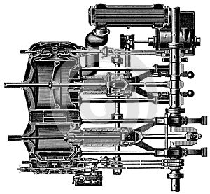 Inclined ship engine compound receiver engine. Crossview.