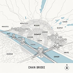 Include stylized renditions of significant structures resembling Buda Castle