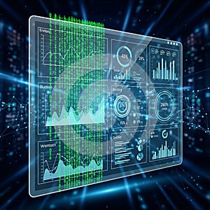 Includes green binary code pie charts line graphs and bar graphs