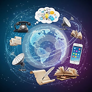 Includes a network of interconnected lines and nodes symbolizing