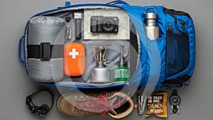 Includes a rolled-up sleeping bag, flashlight, camera, and map