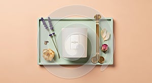 Includes a white candle labeled MUDEN placed on a mint green rectangular