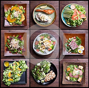 Including healthy foods salad set. fruit salad,ham bacon,salmon,Caesar salad,tuna salad