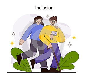 Inclusion concept. Joyful companionship with mobility aid, highlighting the warmth of an inclusive society.