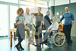 Inclusion, diversity and portrait of business people in office for teamwork, support and happy. Smile, collaboration and