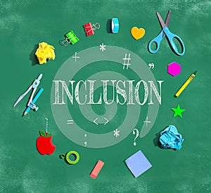 Inclusion Theme with school supplies on a chalkboard