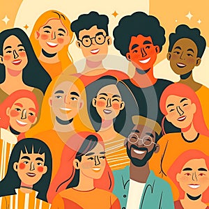 Inclusive colorfull illustration of several happy faces.