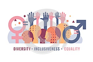 Inclusiveness Diversity Equality concept with abstract modern Various people is heads, gender symbol and equal sign, Equally photo