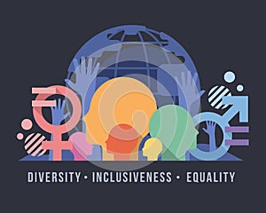 Inclusiveness Diversity Equality concept with abstract modern Various people is heads gender symbol and equal sign Equally raised photo