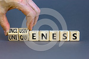 Inclusiveness and uniqueness symbol. Businessman turns wooden cubes, changes words inclusiveness to uniqueness. Beautiful grey
