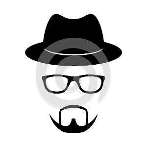 Incognito icon. Man face with glasses, beard and hat. Photo props. Vector