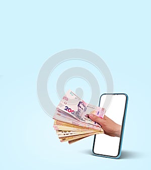 Income concept mobile banking lottery or trade Easy Money 3d render on blue gradient