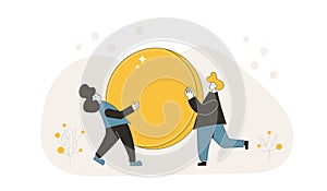 Income concept. Young man and woman with money. Two characters holding coin. Profit money or budget. Line art vector illustration