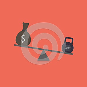 Income and debt illustration. Cash of money and kettlebell with debt word on scales