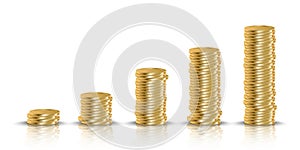 Income graph golden realistic coin. 3D money stack