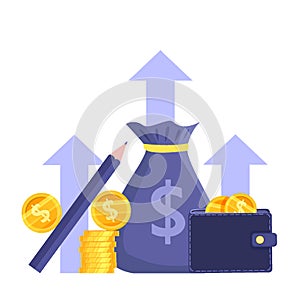 Income growth or revenue increase stock market vector concept with coin stack,wallet,dollars,money bag.