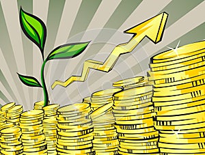 Income increase concept, golden coins stacks with money tree view, retro style vector illustration