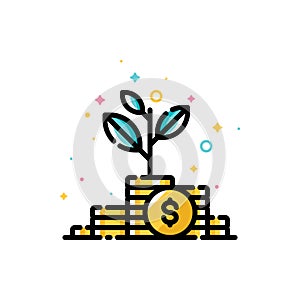 Income increase and make more money concept with plant growing out of gold coins. Flat filled outline style icon. Pixel perfect