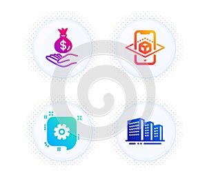 Income money, Augmented reality and Cogwheel icons set. Buildings sign. Savings, Phone simulation, Engineering. Vector