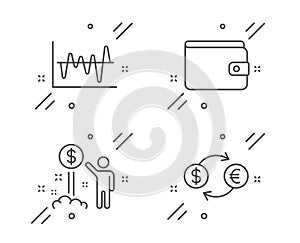 Income money, Stock analysis and Money wallet icons set. Currency exchange sign. Vector