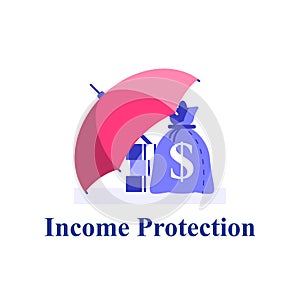 Income protection, financial coverage, savings for rainy day, money bag under umbrella, finance safety