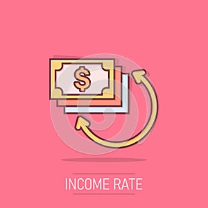 Income rate increase icon in comic style. Finance performance cartoon vector illustration on isolated background. Coin with growth