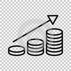 Income rate increase icon in flat style. Finance performance vector illustration on white isolated background. Coin with growth