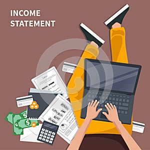 Income statement. Invoice. Financial calculations. Working process. Man sitting on the floor and holding lap top in his lap,top vi