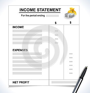 Income Statement, Tax return concept with pen and money icons