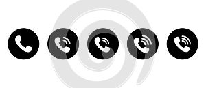 Incoming call button icon vector in black circle. Phone receiver, telephone sign symbol