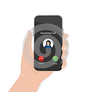 Incoming call in flat style. Perspective vector. Accept button, decline button. Black background. Vector flat design