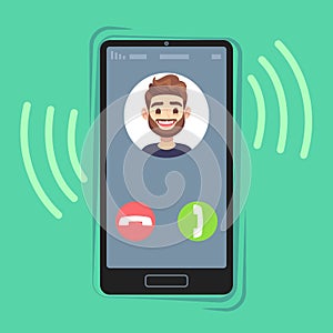Incoming call on mobile phone. Friend photo on ringing phones screen. Calling display with contact info and buttons