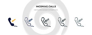 Incoming calls icon in different style vector illustration. two colored and black incoming calls vector icons designed in filled,