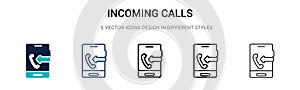 Incoming calls icon in filled, thin line, outline and stroke style. Vector illustration of two colored and black incoming calls